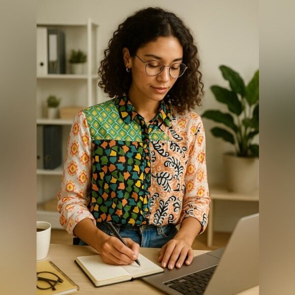 Maeve Anthropologie Patchwork Print Blouse M Artsy Boho Dopamine Top - Picture 2 of 11